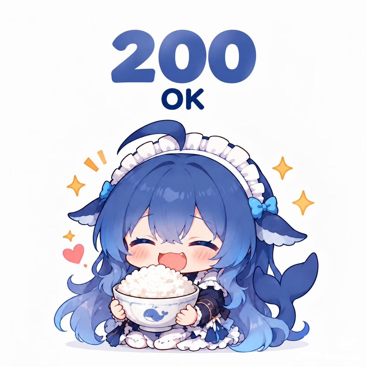 DeepSeek-chan, a blue-haired whale girl in a maid outfit, happily eating a bowl of rice with sparkles around her.