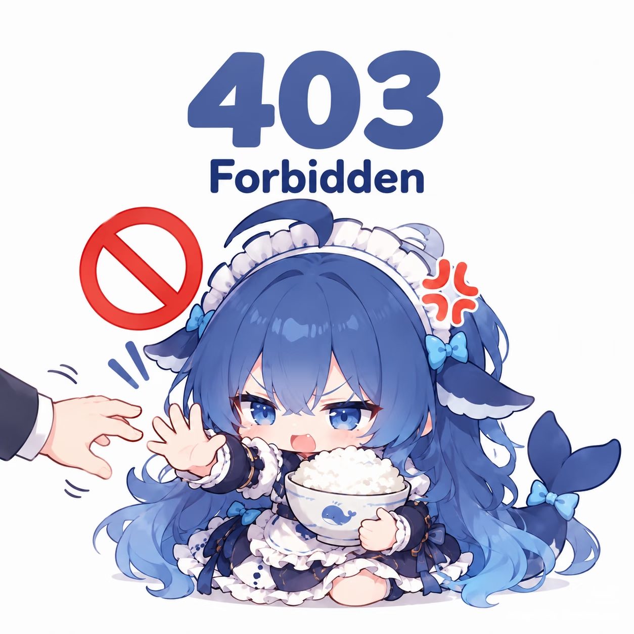DeepSeek-chan clutching a rice bowl and scowling at a hand reaching for it, with a red prohibition sign above.