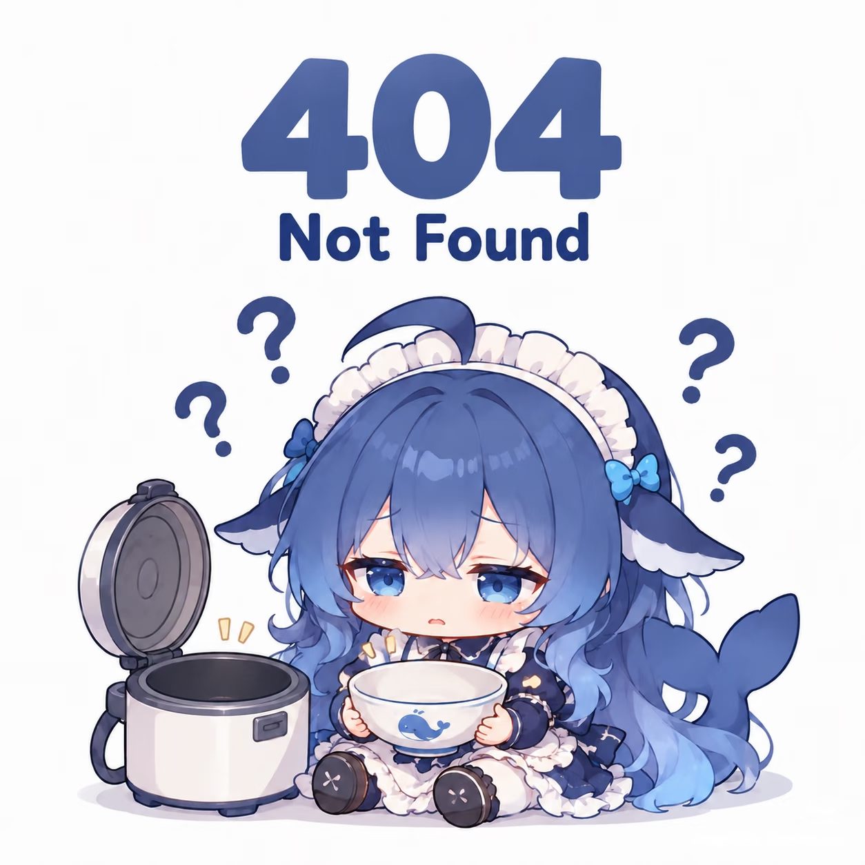 DeepSeek-chan sitting beside an open rice cooker with an empty bowl, question marks floating above her head.