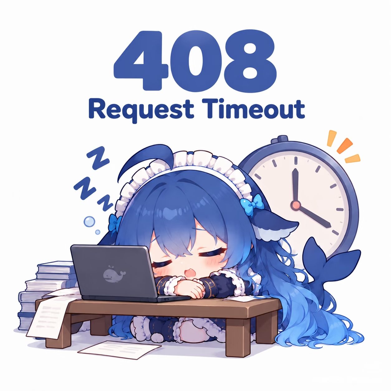 DeepSeek-chan asleep at a laptop, a large clock behind her and a stack of papers beside the desk.