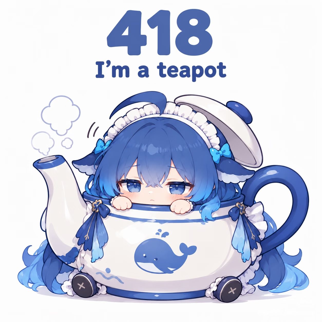 DeepSeek-chan peeking out from inside a large blue-and-white teapot.