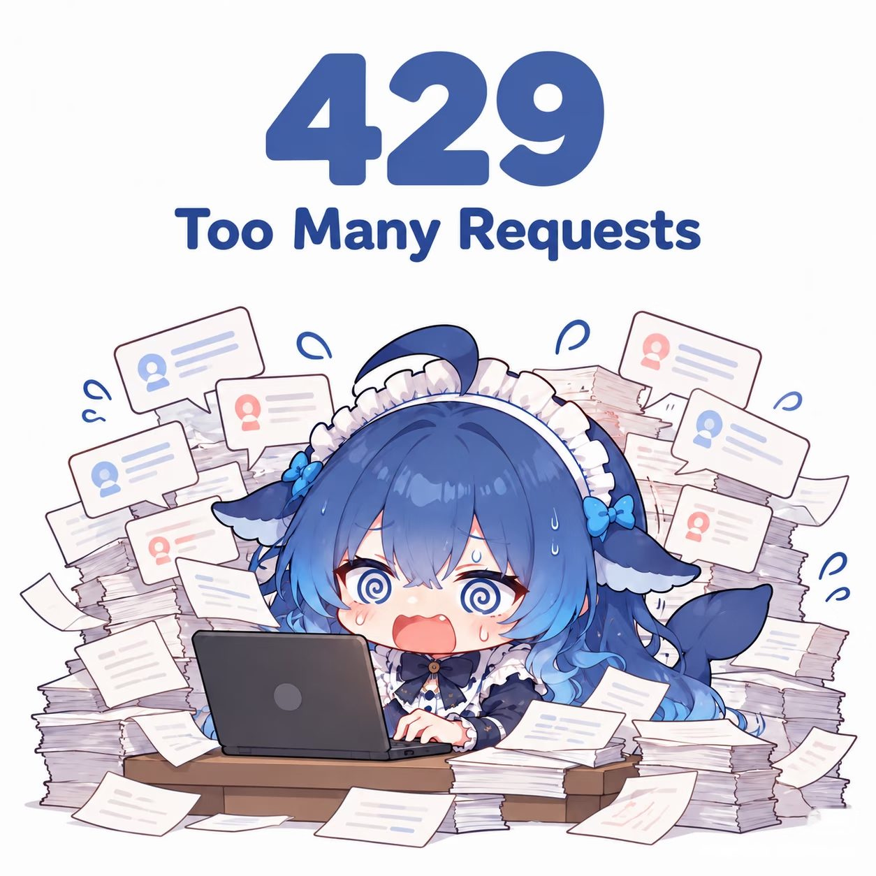 DeepSeek-chan at a laptop, overwhelmed by a storm of paper request forms.