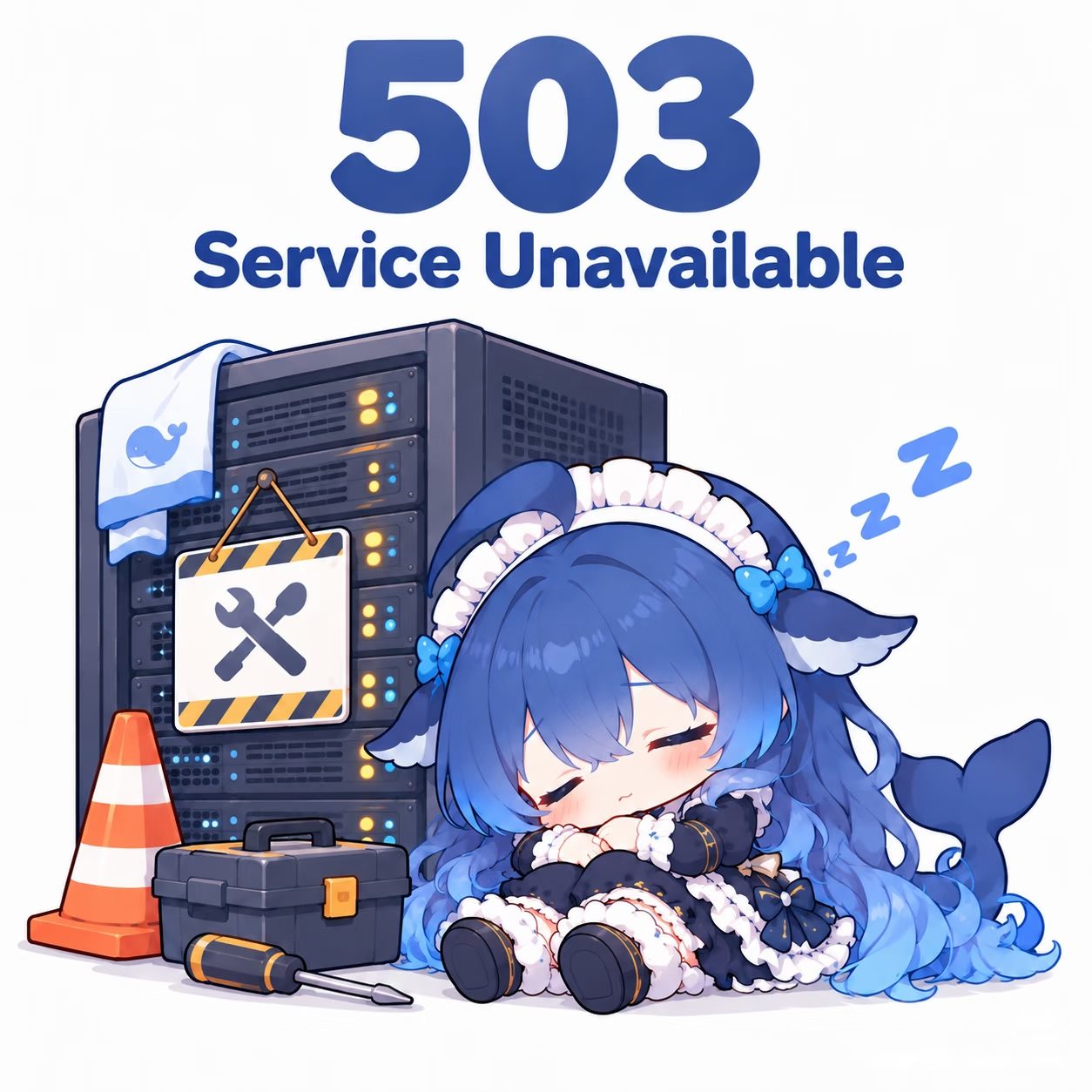 DeepSeek-chan asleep beside a server rack with a maintenance sign, traffic cone, and toolbox.
